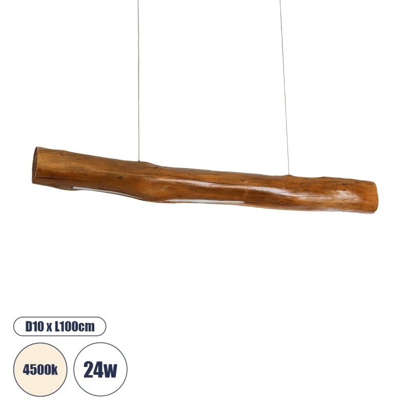 GloboStar® KATRINA 02320 Μοντέρνο Κρεμαστό Φωτιστικό Ανάρτηση LED 24W 1920lm 120° AC 220-240V IP20 Φυσικό Λευκό 4500K Καφέ Ξύλο - Μ10 x Π10 x Υ100cm - 2 Xρόνια Εγγύηση