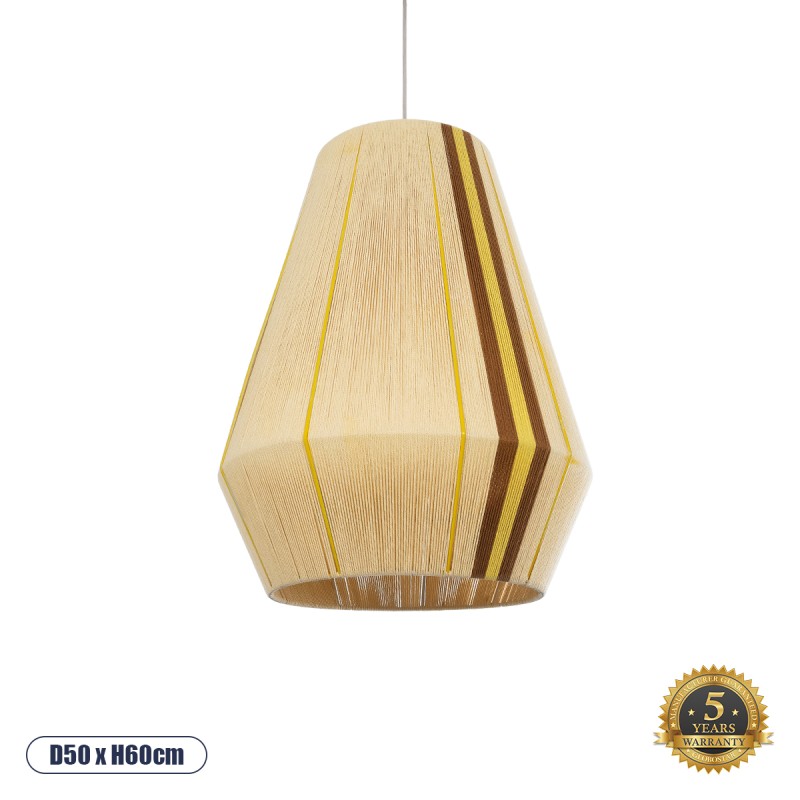 GloboStar® SALERNO 02334 Boho Κρεμαστό Φωτιστικό Πλέγμα Μονόφωτο 1 x E27 IP20 Μπεζ, Καφέ & Κίτρινο Νήμα - Μ50 x Π50 x Υ60cm