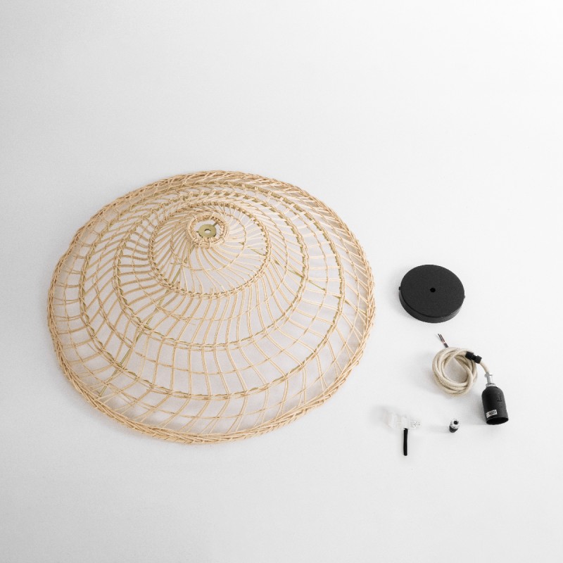 GloboStar® KAIA 02346 Boho Κρεμαστό Φωτιστικό Καμπάνα Μονόφωτο 1 x E27 IP20 Μπεζ Ξύλο - Μ60 x Π60 x Υ20cm