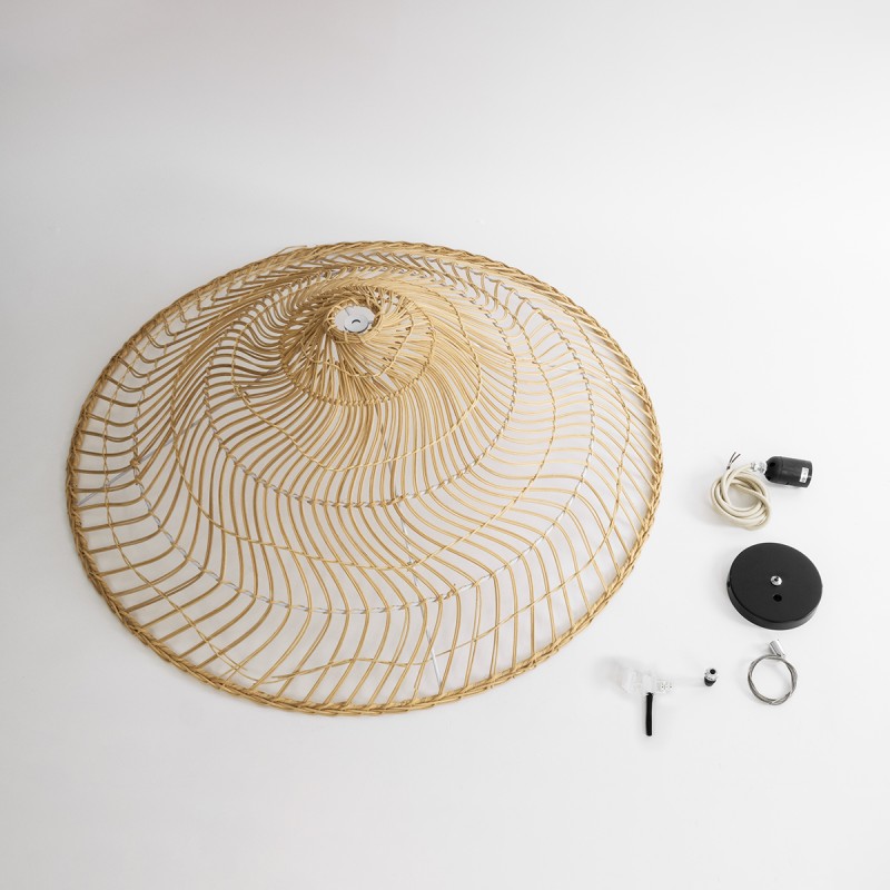 GloboStar® KAIA 02347 Boho Κρεμαστό Φωτιστικό Καμπάνα Μονόφωτο 1 x E27 IP20 Μπεζ Ξύλο - Μ80 x Π80 x Υ26cm