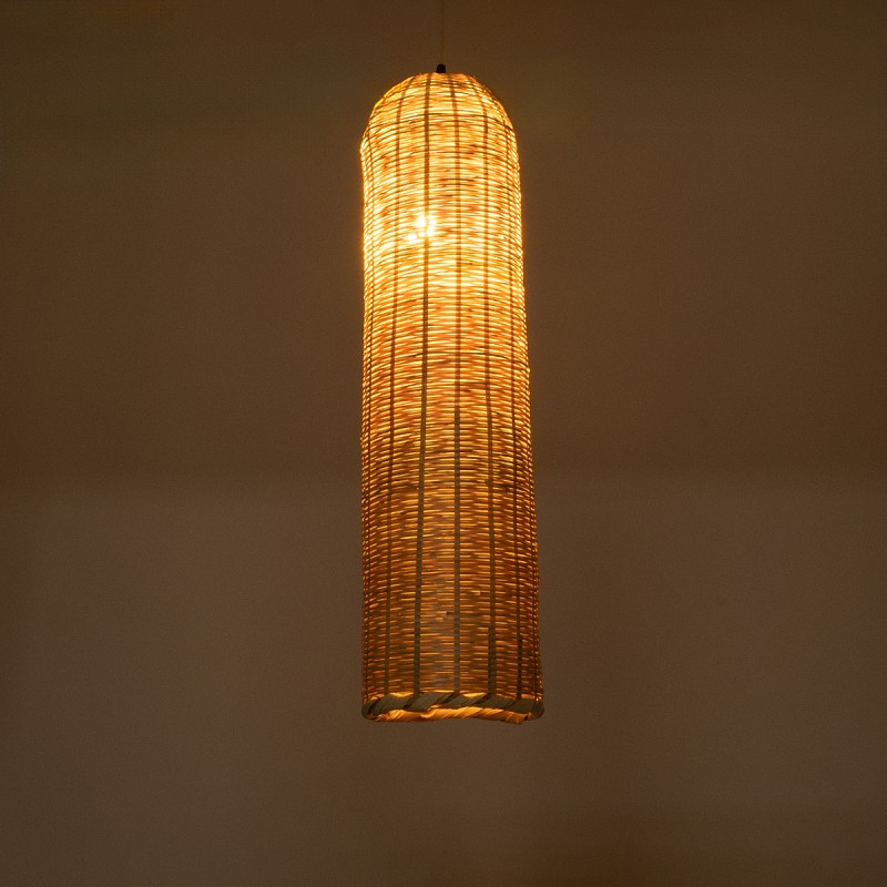 GloboStar® WAIKIKI 02349 Boho Κρεμαστό Φωτιστικό Πλέγμα Μονόφωτο 1 x E27 IP20 Μπεζ Ξύλο - Μ20 x Π20 x Υ80cm