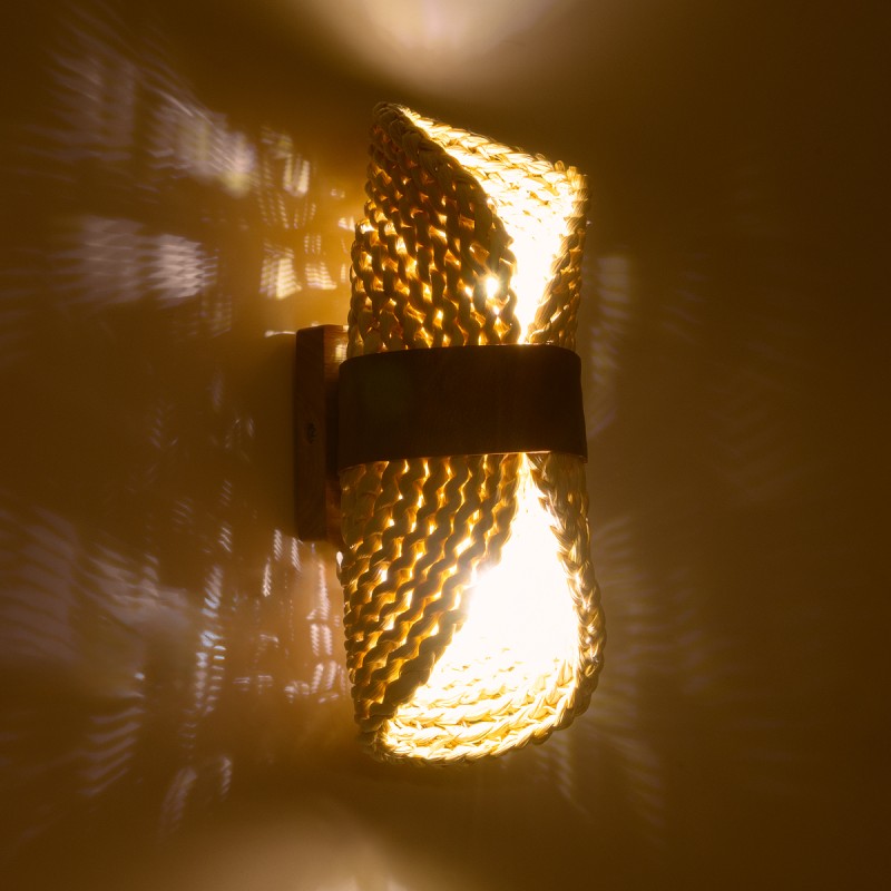 GloboStar® GUAVA 02385 Boho Επιτοίχιο Φωτιστικό Απλίκα Δίφωτο 2 x G9 IP20 Μπεζ Ξύλο με Καφέ Δέρμα - Μ11 x Π13 x Υ30cm