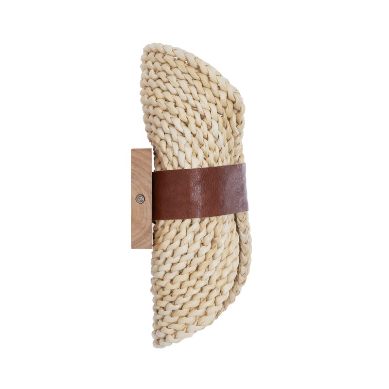 GloboStar® GUAVA 02385 Boho Επιτοίχιο Φωτιστικό Απλίκα Δίφωτο 2 x G9 IP20 Μπεζ Ξύλο με Καφέ Δέρμα - Μ11 x Π13 x Υ30cm