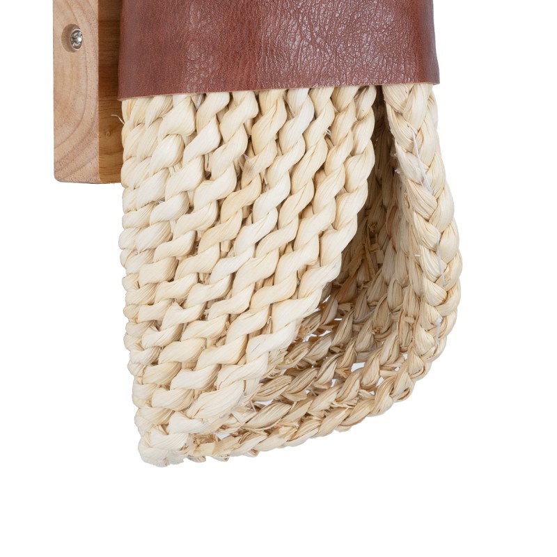 GloboStar® GUAVA 02385 Boho Επιτοίχιο Φωτιστικό Απλίκα Δίφωτο 2 x G9 IP20 Μπεζ Ξύλο με Καφέ Δέρμα - Μ11 x Π13 x Υ30cm