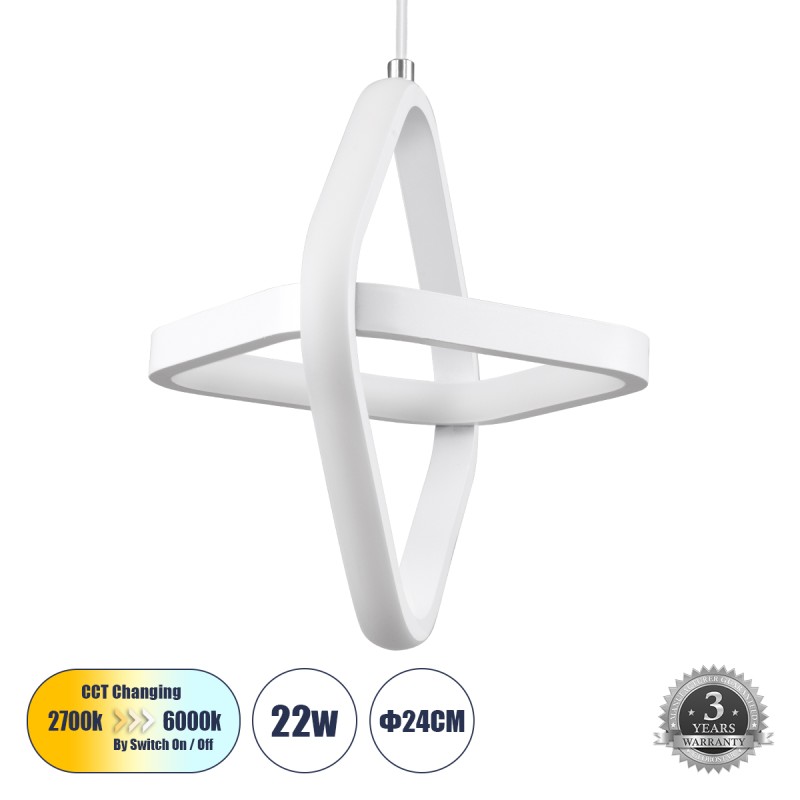 GloboStar® ROSE 61065 Κρεμαστό Φωτιστικό Οροφής Design LED CCT 22W 2640lm 300° AC 220-240V - Εναλλαγή Φωτισμού μέσω Διακόπτη On/Off All In One Ψυχρό 6000k+Φυσικό 4500k+Θερμό 2700k Μ24 x Π22 x Υ24cm - Λευκό