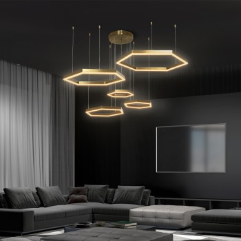 kelvo® LEXAGON KLV-101-0180 Κρεμαστό Φωτιστικό Οροφής LED 120W 12000lm 200° AC 220-240V IP20 Ρυθμιζόμενο Λευκό CCT με Χειριστήριο από 2700K έως 6000K Dimmable - Lumileds SMD Chip - Χρυσό Πλατίνα - Μ110 x Π90 x Υ110cm - 3 Χρόνια Εγγύηση