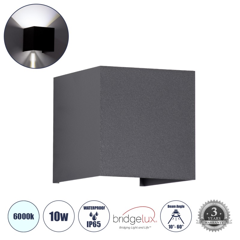 GloboStar® AXIS-S 60567 Φωτιστικό Τοίχου - Απλίκα Αρχιτεκτονικού Φωτισμού Εσωτερικού/Εξωτερικού Χώρου Up & Down LED 10W 1250lm 10 έως 60° AC 220-240V Αδιάβροχο IP65 Μ10 x Π10 x Υ10cm - Ψυχρό Λευκό 6000K - Γκρι Ανθρακί - Bridgelux Chip - 3 Χρόνια Εγγύη