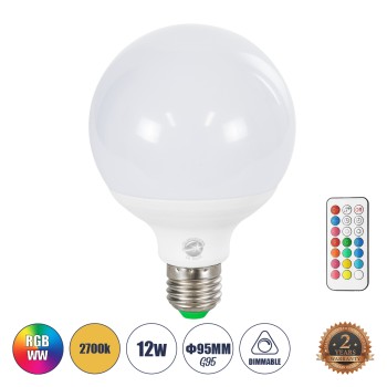GLOBOSTAR® RGBOO 76071 Λάμπα E27 G95 με IR Ασύρματο Χειριστήριο LED 12W 780lm 260° AC 220-240V IP20 Πολύχρωμο RGB+WW Dimmable - Sanan SMD Chip - Μ9.5 x Π9.5 x Υ14cm - 2 Χρόνια Εγγύηση