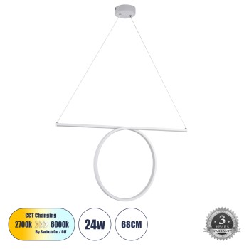 GLOBOSTAR® ROME 61295 Μοντέρνο Κρεμαστό Φωτιστικό Οροφής LED 24W 2640lm 200° AC 220-240V IP20 Ρυθμιζόμενο Λευκό CCT με On/Off 2700K/4500K/6000K - Lumileds SMD Chip - Λευκό Ματ - Μ65.5 x Π4 x Υ33cm - 3 Χρόνια Εγγύηση