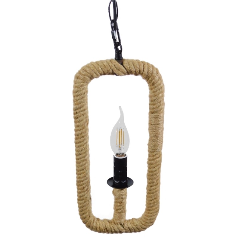 GloboStar® LINDELL 10001110 Vintage Κρεμαστό Φωτιστικό Ανάρτηση Μονόφωτο 1 x E14 IP20 Μαύρο Μέταλλο με Μπεζ Σχοινί - Μ18 x Π18 x Υ33cm
