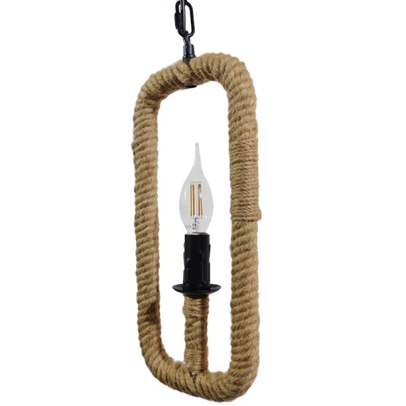 GloboStar® LINDELL 10001110 Vintage Κρεμαστό Φωτιστικό Ανάρτηση Μονόφωτο 1 x E14 IP20 Μαύρο Μέταλλο με Μπεζ Σχοινί - Μ18 x Π18 x Υ33cm