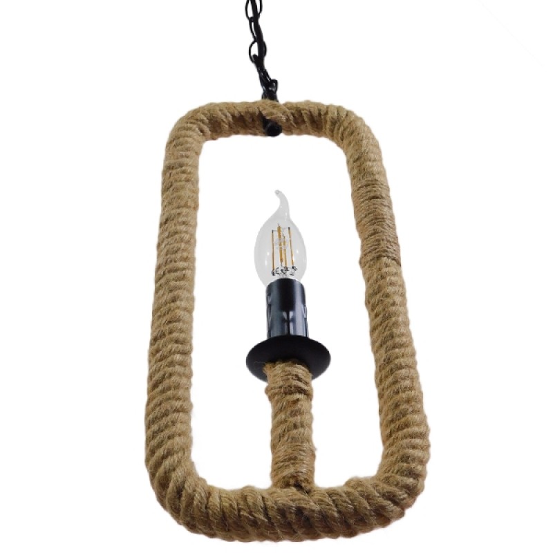 GloboStar® LINDELL 10001110 Vintage Κρεμαστό Φωτιστικό Ανάρτηση Μονόφωτο 1 x E14 IP20 Μαύρο Μέταλλο με Μπεζ Σχοινί - Μ18 x Π18 x Υ33cm