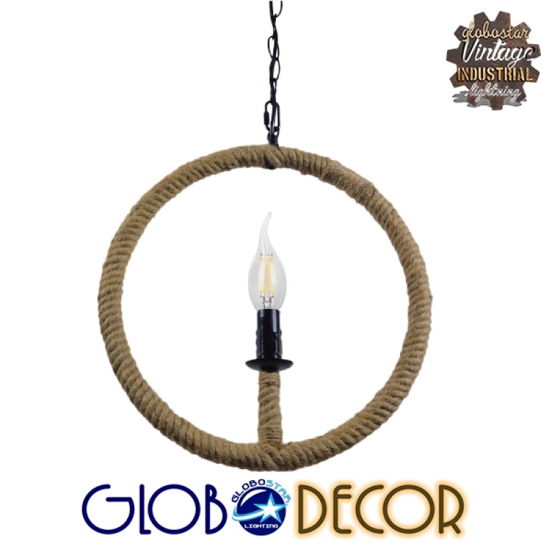 GloboStar® LINDELL 10001111 Vintage Κρεμαστό Φωτιστικό Ανάρτηση Μονόφωτο 1 x E27 IP20 Μαύρο Μέταλλο με Μπεζ Σχοινί - Μ33 x Π33 x Υ33cm