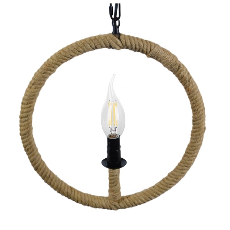 GloboStar® LINDELL 10001111 Vintage Κρεμαστό Φωτιστικό Ανάρτηση Μονόφωτο 1 x E27 IP20 Μαύρο Μέταλλο με Μπεζ Σχοινί - Μ33 x Π33 x Υ33cm