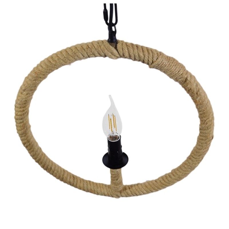 GloboStar® LINDELL 10001111 Vintage Κρεμαστό Φωτιστικό Ανάρτηση Μονόφωτο 1 x E27 IP20 Μαύρο Μέταλλο με Μπεζ Σχοινί - Μ33 x Π33 x Υ33cm