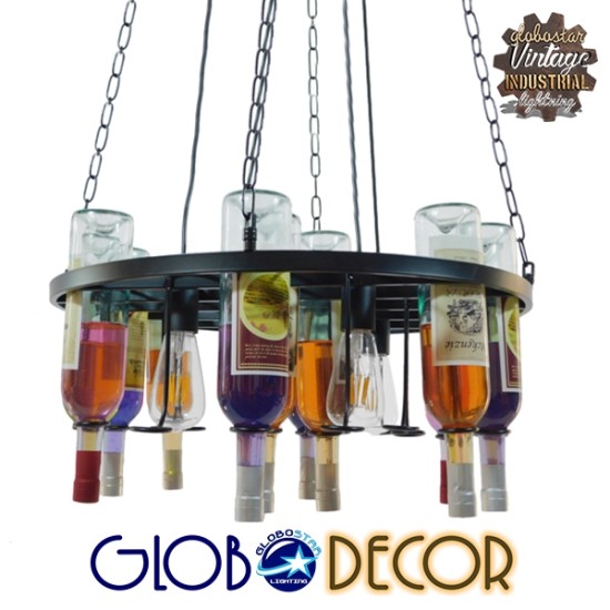 GloboStar® VINEYARD 10001139 Vintage Κρεμαστό Φωτιστικό Ανάρτηση Πολύφωτο 4 x E27 IP20 Μαύρο Μέταλλο με Διάφανο Γυαλί - Μ60 x Π60 x Υ20cm
