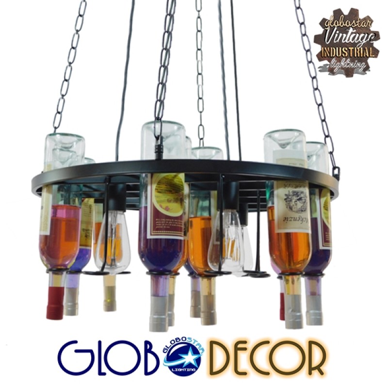 GloboStar® VINEYARD 10001139 Vintage Κρεμαστό Φωτιστικό Ανάρτηση Πολύφωτο 4 x E27 IP20 Μαύρο Μέταλλο με Διάφανο Γυαλί - Μ60 x Π60 x Υ20cm