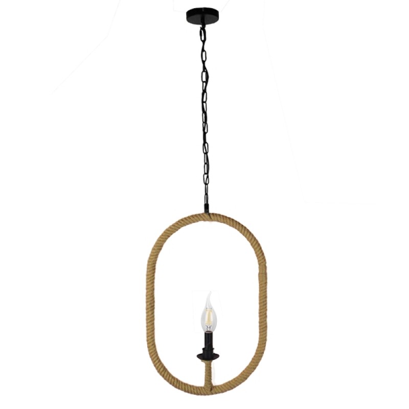 GloboStar® LINDELL 10001142 Vintage Κρεμαστό Φωτιστικό Ανάρτηση Μονόφωτο 1 x E27 IP20 Μαύρο Μέταλλο με Μπεζ Σχοινί - Μ35 x Π10 x Υ53cm