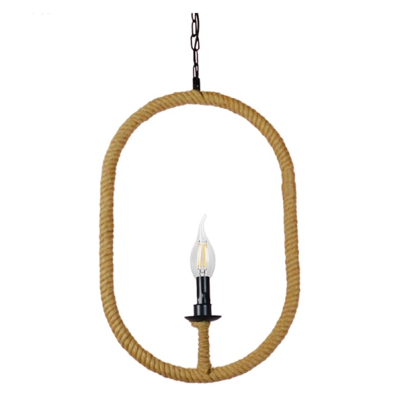 GloboStar® LINDELL 10001142 Vintage Κρεμαστό Φωτιστικό Ανάρτηση Μονόφωτο 1 x E27 IP20 Μαύρο Μέταλλο με Μπεζ Σχοινί - Μ35 x Π10 x Υ53cm