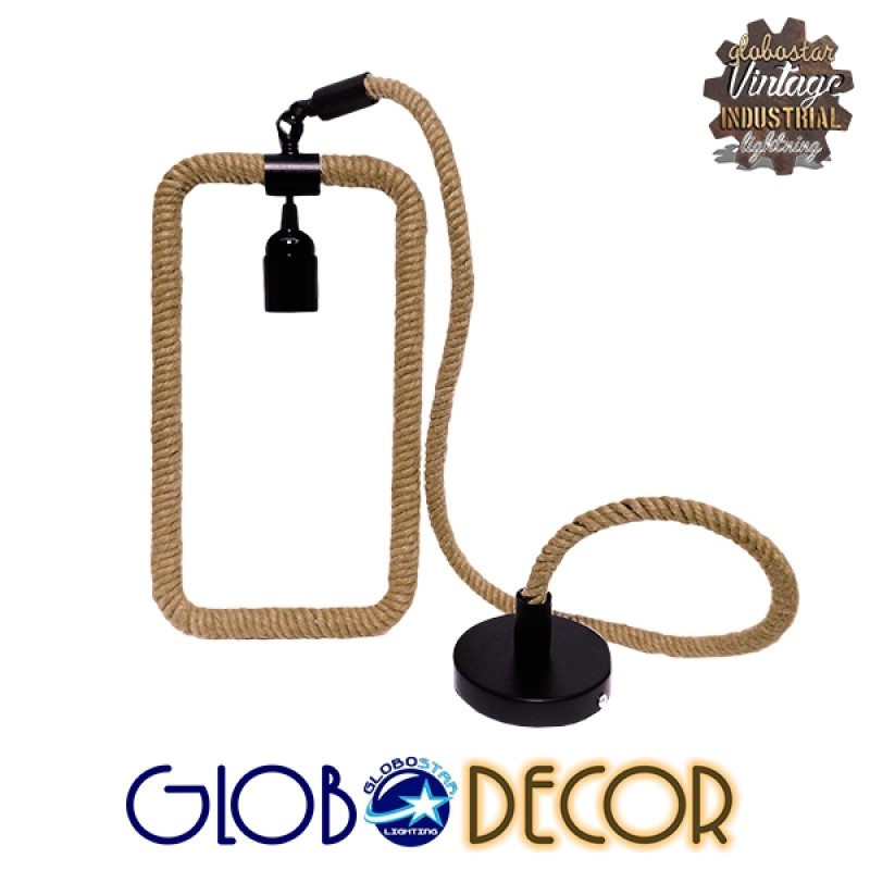 GloboStar® MALVERN 10001237 Vintage Κρεμαστό Φωτιστικό Ανάρτηση Μονόφωτο 1 x E27 IP20 Μαύρο Μέταλλο με Μπεζ Σχοινί - Μ33 x Π18 x Υ22cm