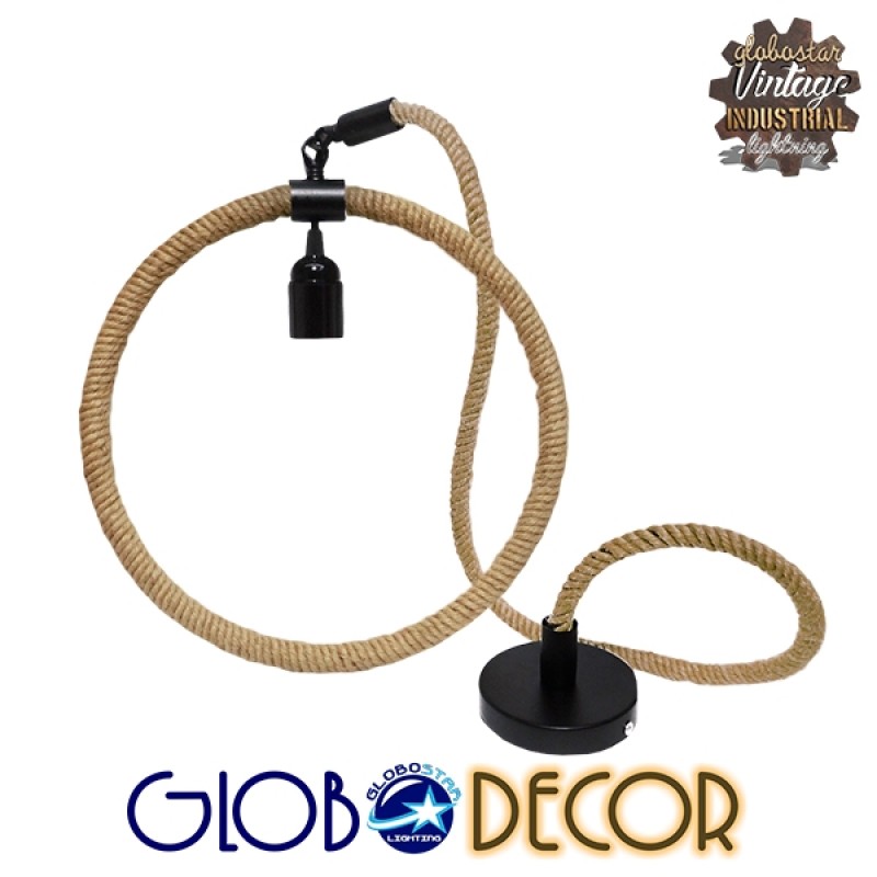 GloboStar® MALVERN 10001239 Vintage Κρεμαστό Φωτιστικό Ανάρτηση Μονόφωτο 1 x E27 IP20 Μαύρο Μέταλλο με Μπεζ Σχοινί - Μ34 x Π22 x Υ34cm
