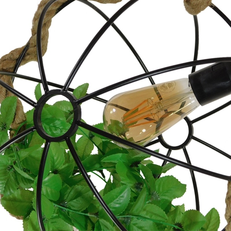 GloboStar® BRADLEY 10001328 Vintage Κρεμαστό Φωτιστικό Πλέγμα Μονόφωτο 1 x E27 IP20 Μπεζ Σχοινί, Πράσινο Πλαστικό με Μαύρο Μέταλλο - Μ33 x Π33 x Υ33cm