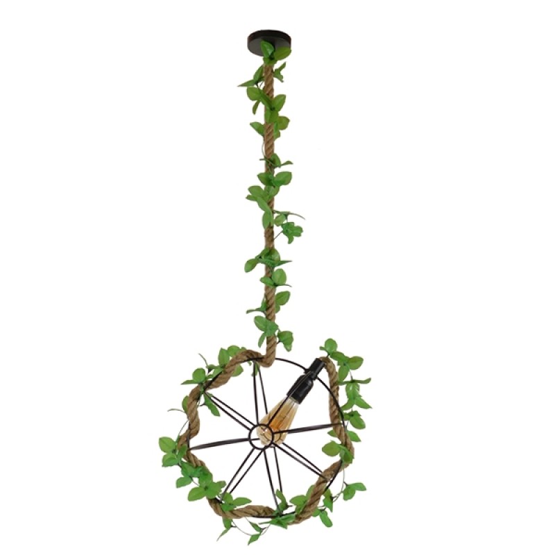 GloboStar® BRADLEY 10001328 Vintage Κρεμαστό Φωτιστικό Πλέγμα Μονόφωτο 1 x E27 IP20 Μπεζ Σχοινί, Πράσινο Πλαστικό με Μαύρο Μέταλλο - Μ33 x Π33 x Υ33cm