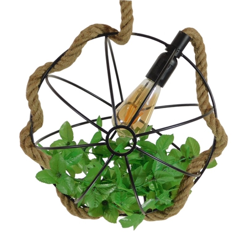 GloboStar® BRADLEY 10001328 Vintage Κρεμαστό Φωτιστικό Πλέγμα Μονόφωτο 1 x E27 IP20 Μπεζ Σχοινί, Πράσινο Πλαστικό με Μαύρο Μέταλλο - Μ33 x Π33 x Υ33cm