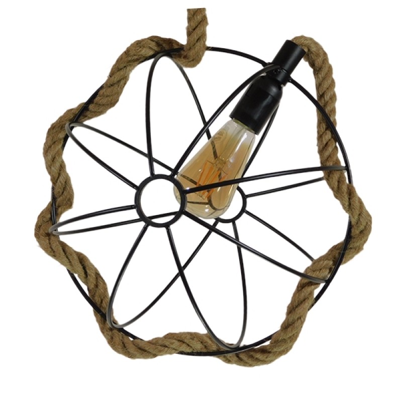 GloboStar® BRADLEY 10001328 Vintage Κρεμαστό Φωτιστικό Πλέγμα Μονόφωτο 1 x E27 IP20 Μπεζ Σχοινί, Πράσινο Πλαστικό με Μαύρο Μέταλλο - Μ33 x Π33 x Υ33cm