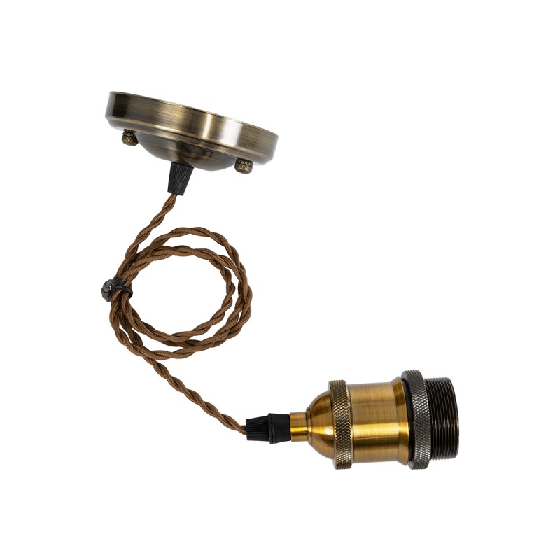 GloboStar® 115105 Vintage Κρεμαστό Φωτιστικό Ανάρτηση Μονόφωτο 1 x E27 IP20 Χρυσό & Μπρούτζινο Μέταλλο με Καφέ Ύφασμα - 100cm