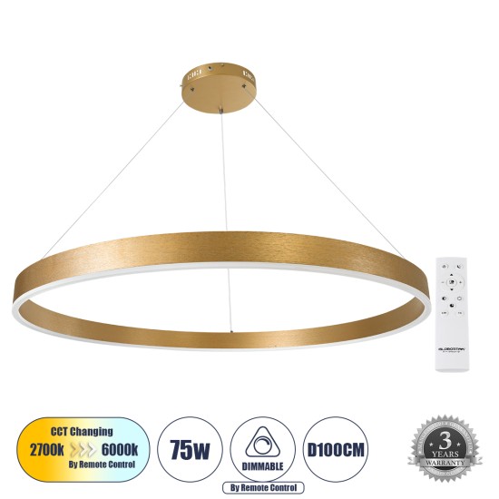 GloboStar® VENOM 61184 Κρεμαστό Φωτιστικό Δαχτυλίδι-Κύκλος LED CCT 75W 8818lm 120° AC 220-240V - Εναλλαγή Φωτισμού μέσω Τηλεχειριστηρίου All In One Ψυχρό 6000K+Φυσικό 4500K+Θερμό 2700K Dimmable Φ100cm - Χρυσό Βούρτσας - 3 Years Warranty GloboStar® VENOM 61184 Κρεμαστό Φωτιστικό Δαχτυλίδι-Κύκλος LED CCT 75W 8818lm 120° AC 220-240V - Εναλλαγή Φωτισμού μέσω Τηλεχειριστηρίου All In One Ψυχρό 6000K+Φυσικό 4500K+Θερμό 2700K Dimmable Φ100cm - Χρυσό Βούρτσας - 3 Years Warranty