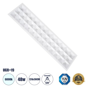 GLOBOSTAR® ZEUS 60971 Χωνευτό Panel Οροφής 120x30 με Anti Glare Reflector LED 48W 7440lm 120° CRI≥85Ra UGR<19 AC 220-240V IP20 Ψυχρό Λευκό 6000K - Lumileds SMD Chip & TÜV SÜD Driver - Λευκό Γαλακτερό - Μ120 x Π30 x Υ3.3cm / Q116 x 26cm - 5 Χρόνια Ε