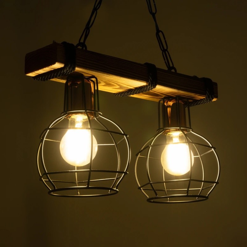 GloboStar® STARLO 201-0005 Vintage Κρεμαστό Φωτιστικό Ράγα Δίφωτο 2 x E27 IP20 Μπεζ Ξύλο με Μαύρο Μέταλλο - Μ40 x Π15x Υ65cm
