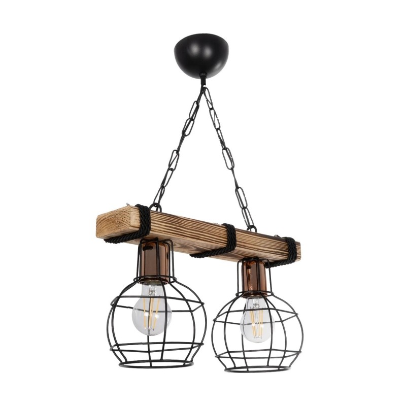GloboStar® STARLO 201-0005 Vintage Κρεμαστό Φωτιστικό Ράγα Δίφωτο 2 x E27 IP20 Μπεζ Ξύλο με Μαύρο Μέταλλο - Μ40 x Π15x Υ65cm