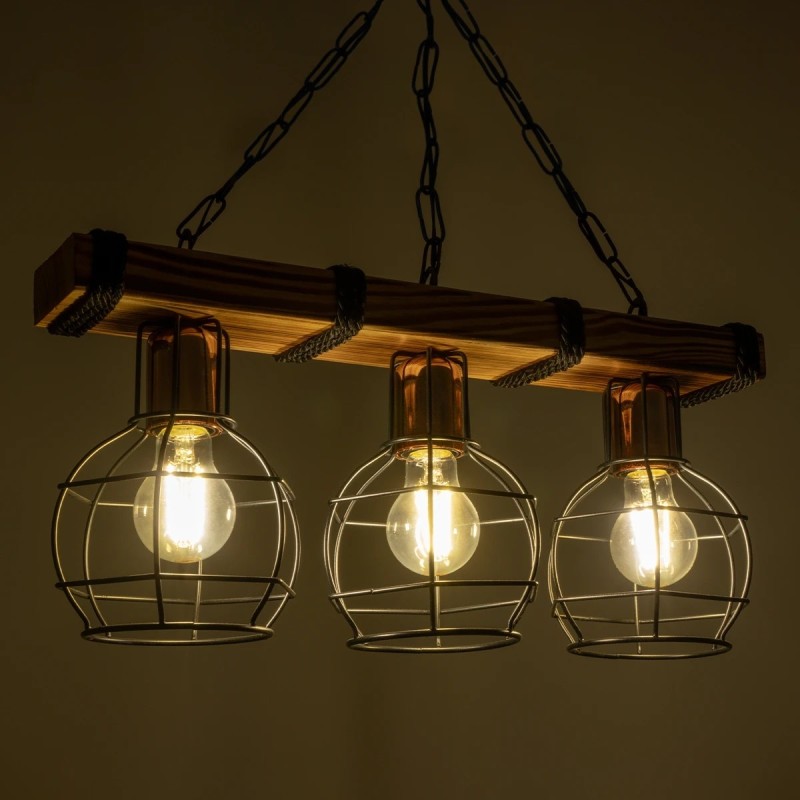 GloboStar® STARLO 201-0006 Vintage Κρεμαστό Φωτιστικό Ράγα Τρίφωτο 3 x E27 IP20 Μπεζ Ξύλο με Μαύρο Μέταλλο - Μ50 x Π15 x Υ65cm