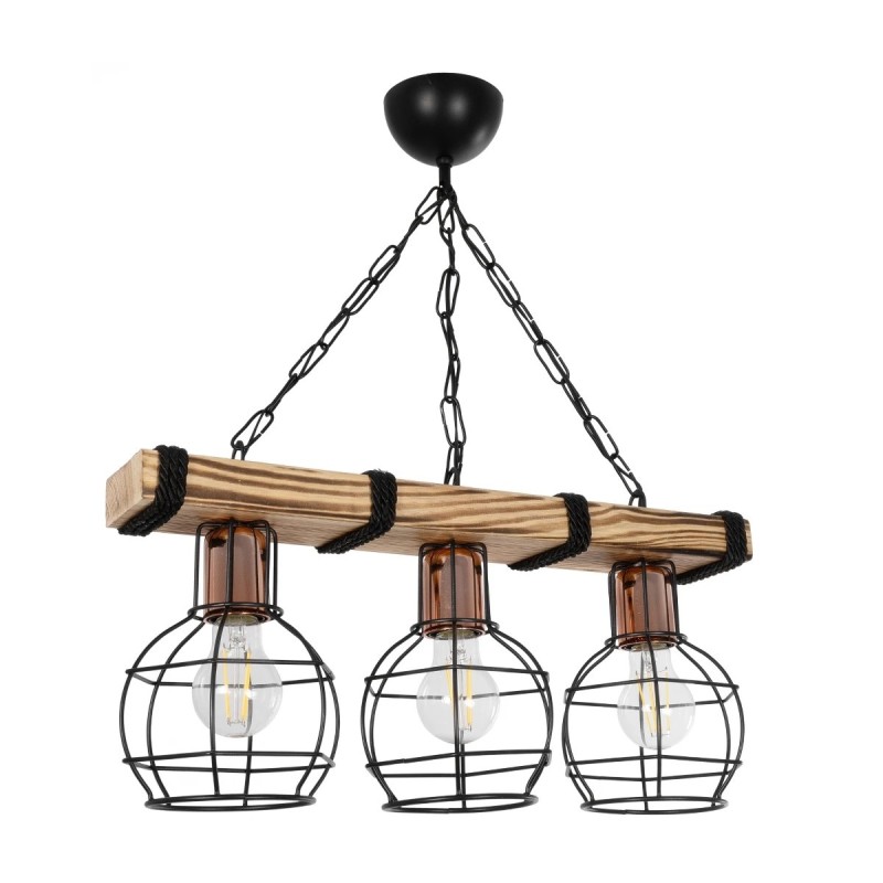GloboStar® STARLO 201-0006 Vintage Κρεμαστό Φωτιστικό Ράγα Τρίφωτο 3 x E27 IP20 Μπεζ Ξύλο με Μαύρο Μέταλλο - Μ50 x Π15 x Υ65cm