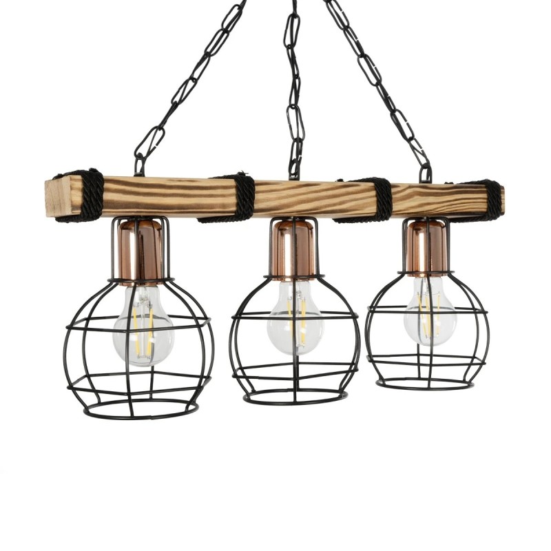 GloboStar® STARLO 201-0006 Vintage Κρεμαστό Φωτιστικό Ράγα Τρίφωτο 3 x E27 IP20 Μπεζ Ξύλο με Μαύρο Μέταλλο - Μ50 x Π15 x Υ65cm