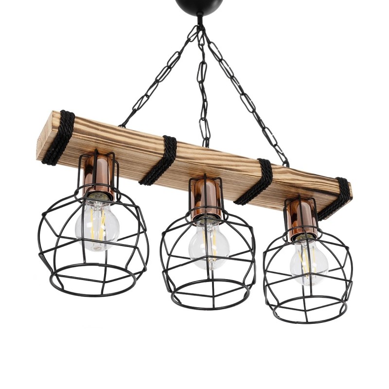 GloboStar® STARLO 201-0006 Vintage Κρεμαστό Φωτιστικό Ράγα Τρίφωτο 3 x E27 IP20 Μπεζ Ξύλο με Μαύρο Μέταλλο - Μ50 x Π15 x Υ65cm