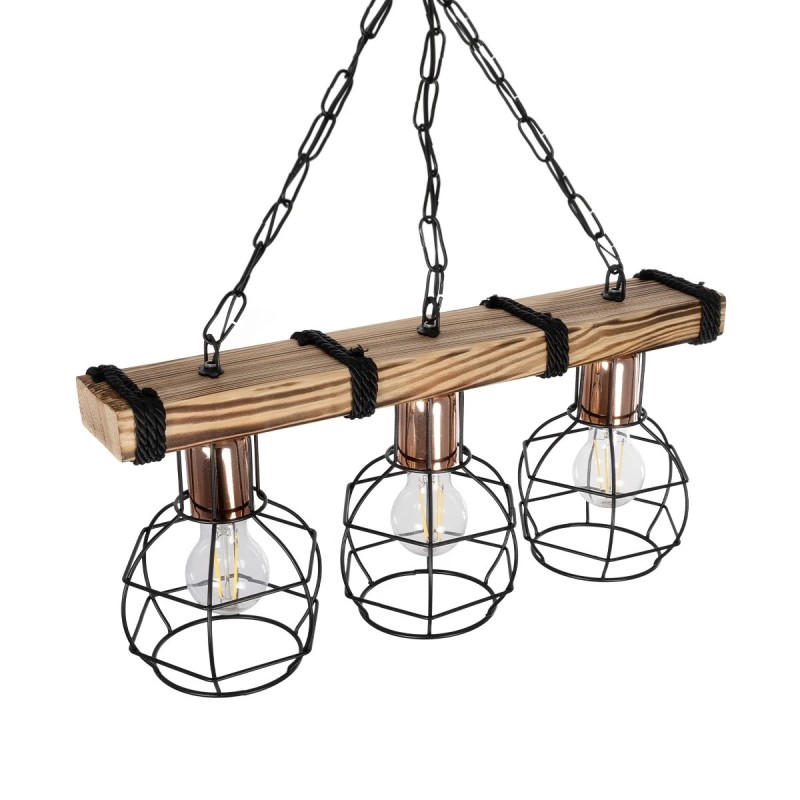GloboStar® STARLO 201-0006 Vintage Κρεμαστό Φωτιστικό Ράγα Τρίφωτο 3 x E27 IP20 Μπεζ Ξύλο με Μαύρο Μέταλλο - Μ50 x Π15 x Υ65cm