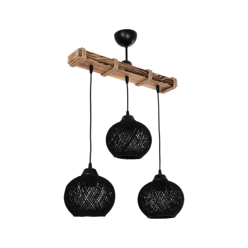 GloboStar® LUMA 201-0010 Vintage Κρεμαστό Φωτιστικό Ράγα Τρίφωτο 3 x E27 IP20 Μπεζ Ξύλο με Μαύρο Σχοινί - Μ50 x Π20 x Υ63cm
