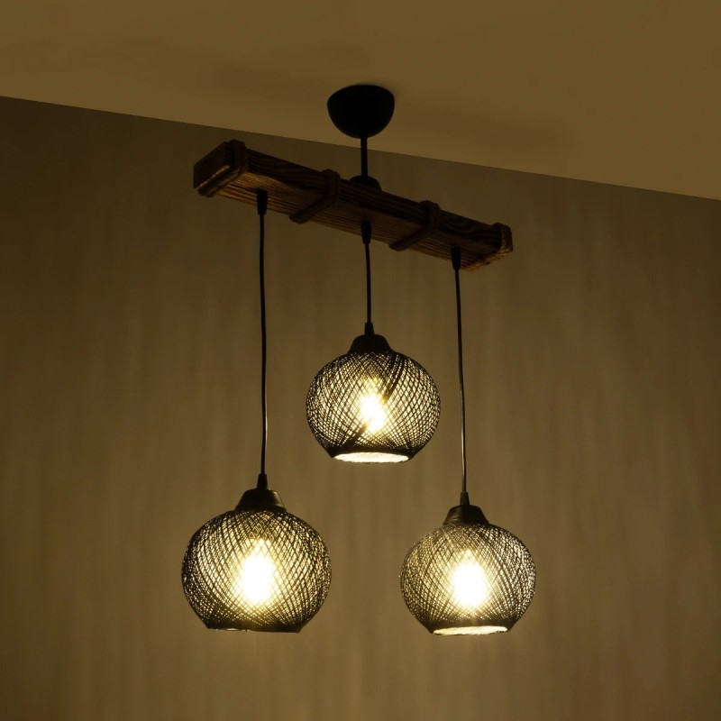 GloboStar® LUMA 201-0010 Vintage Κρεμαστό Φωτιστικό Ράγα Τρίφωτο 3 x E27 IP20 Μπεζ Ξύλο με Μαύρο Σχοινί - Μ50 x Π20 x Υ63cm