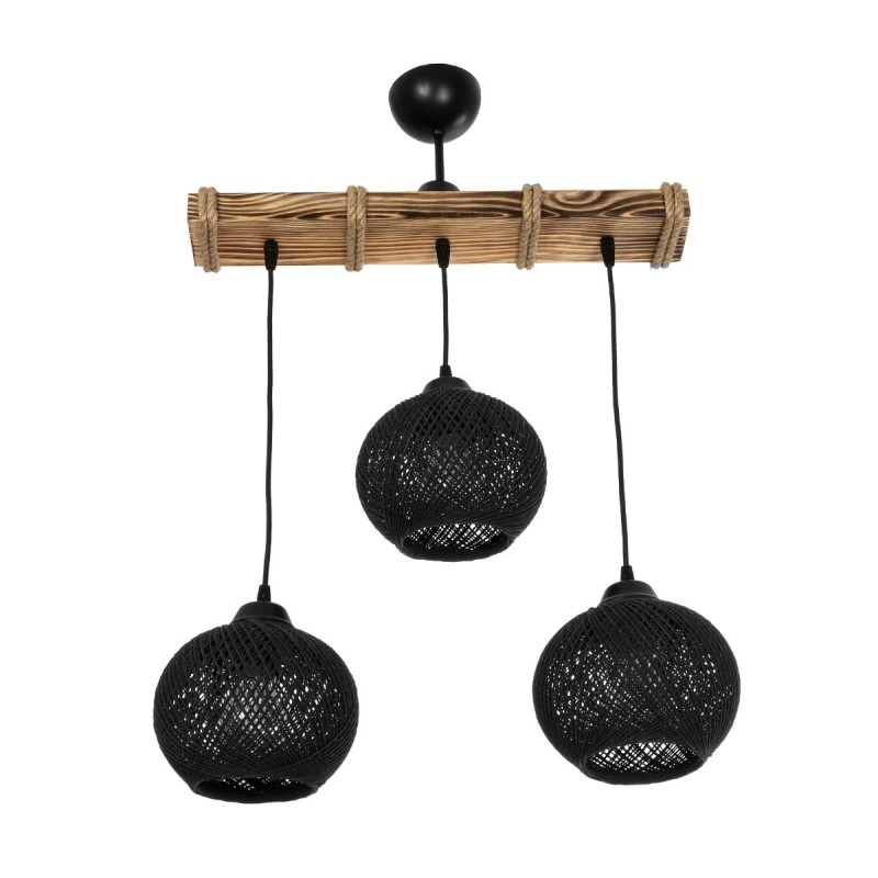 GloboStar® LUMA 201-0010 Vintage Κρεμαστό Φωτιστικό Ράγα Τρίφωτο 3 x E27 IP20 Μπεζ Ξύλο με Μαύρο Σχοινί - Μ50 x Π20 x Υ63cm