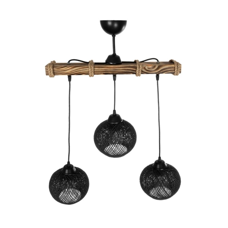 GloboStar® LUMA 201-0010 Vintage Κρεμαστό Φωτιστικό Ράγα Τρίφωτο 3 x E27 IP20 Μπεζ Ξύλο με Μαύρο Σχοινί - Μ50 x Π20 x Υ63cm