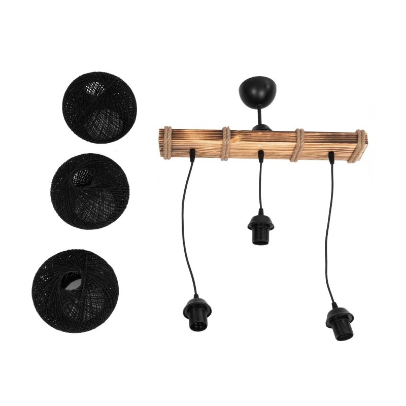 GloboStar® LUMA 201-0010 Vintage Κρεμαστό Φωτιστικό Ράγα Τρίφωτο 3 x E27 IP20 Μπεζ Ξύλο με Μαύρο Σχοινί - Μ50 x Π20 x Υ63cm