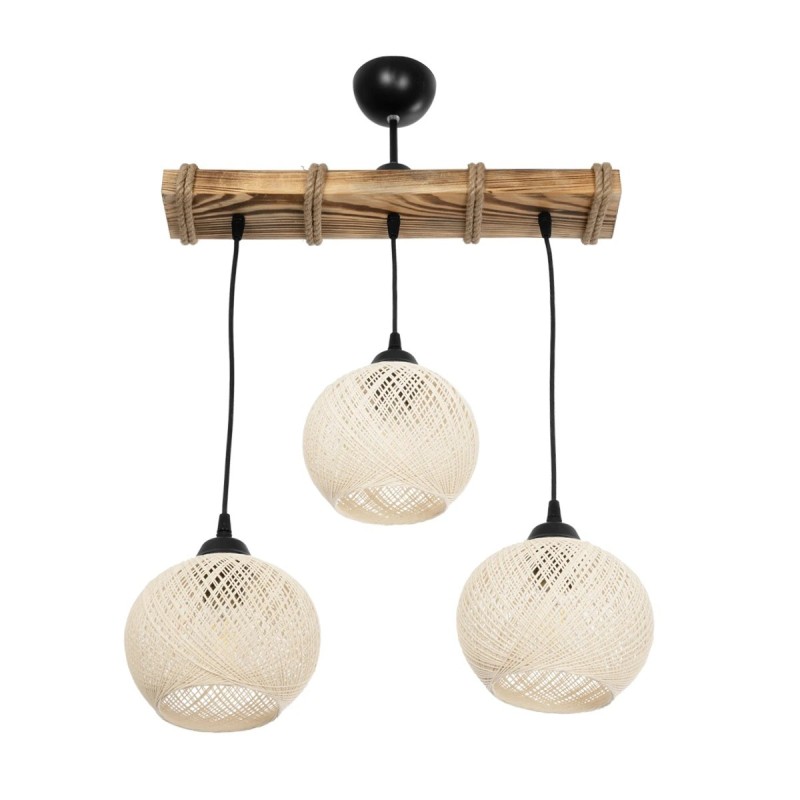GloboStar® LUMA 201-0011 Vintage Κρεμαστό Φωτιστικό Ράγα Τρίφωτο 3 x E27 IP20 Μπεζ Ξύλο με Μπεζ Σχοινί - Μ50 x Π20 x Υ63cm