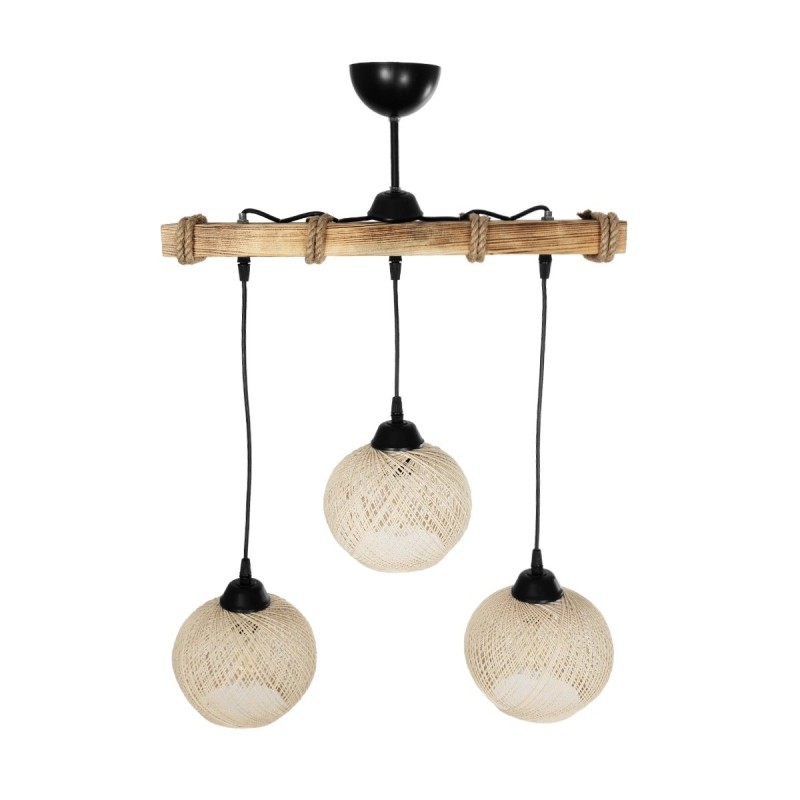 GloboStar® LUMA 201-0011 Vintage Κρεμαστό Φωτιστικό Ράγα Τρίφωτο 3 x E27 IP20 Μπεζ Ξύλο με Μπεζ Σχοινί - Μ50 x Π20 x Υ63cm