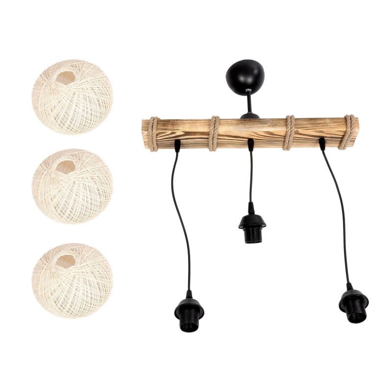 GloboStar® LUMA 201-0011 Vintage Κρεμαστό Φωτιστικό Ράγα Τρίφωτο 3 x E27 IP20 Μπεζ Ξύλο με Μπεζ Σχοινί - Μ50 x Π20 x Υ63cm