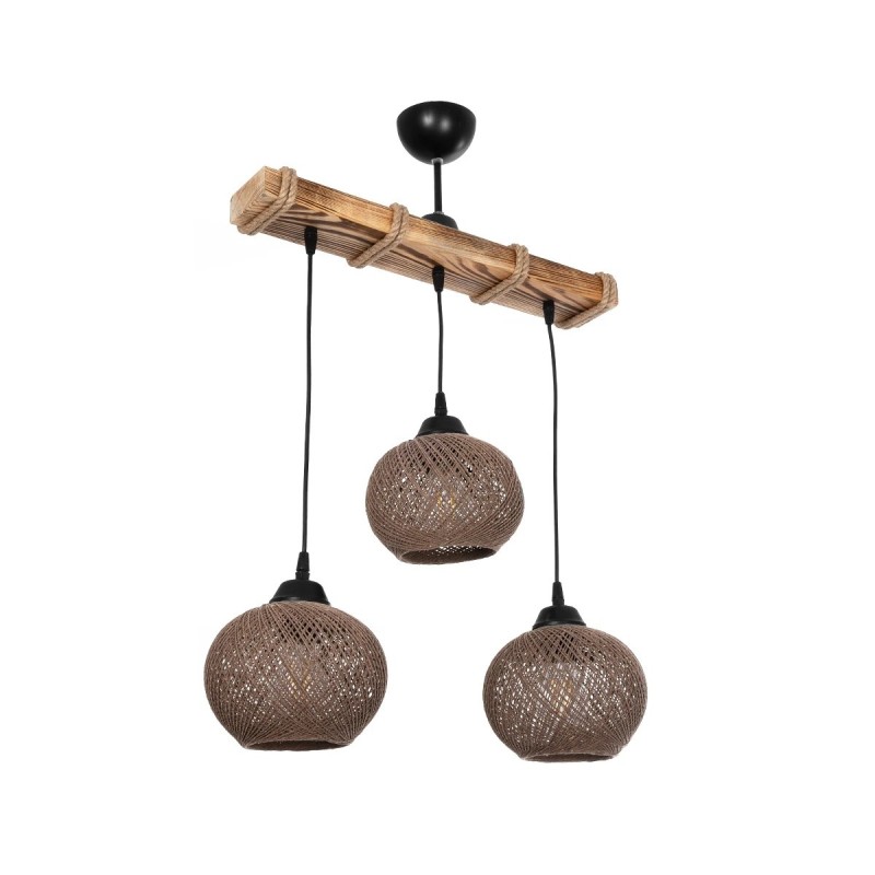 GloboStar® LUMA 201-0012 Vintage Κρεμαστό Φωτιστικό Ράγα Τρίφωτο 3 x E27 IP20 Μπεζ Ξύλο με Καφέ Σχοινί - Μ50 x Π20 x Υ63cm
