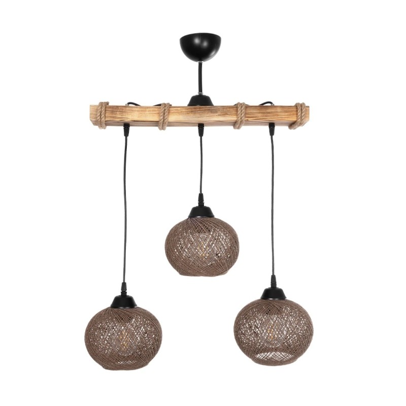 GloboStar® LUMA 201-0012 Vintage Κρεμαστό Φωτιστικό Ράγα Τρίφωτο 3 x E27 IP20 Μπεζ Ξύλο με Καφέ Σχοινί - Μ50 x Π20 x Υ63cm