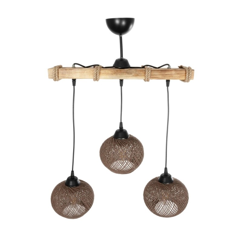 GloboStar® LUMA 201-0012 Vintage Κρεμαστό Φωτιστικό Ράγα Τρίφωτο 3 x E27 IP20 Μπεζ Ξύλο με Καφέ Σχοινί - Μ50 x Π20 x Υ63cm